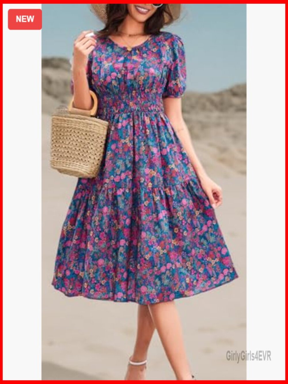 Women Summer Boho Floral Midi Dress Smocked Waist Tiered Flowy Swing - Picture 6 of 7